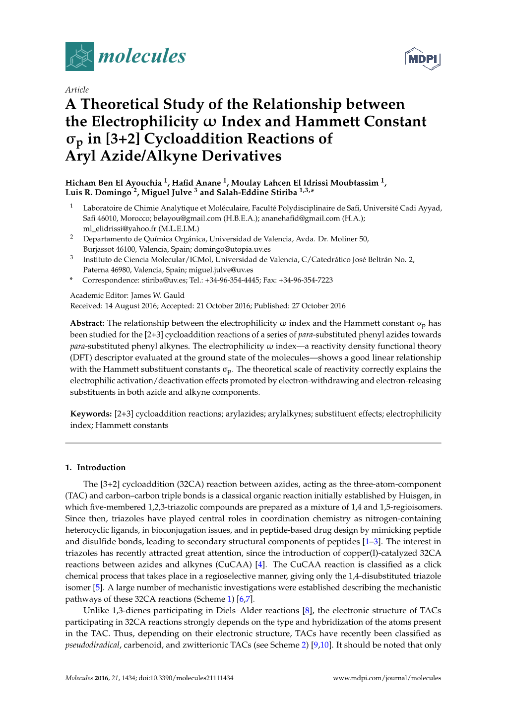 A Theoretical Study of the Relationship Between the Electrophilicity Ω Index and Hammett Constant Σp in [3+2] Cycloaddition Reactions of Aryl Azide/Alkyne Derivatives