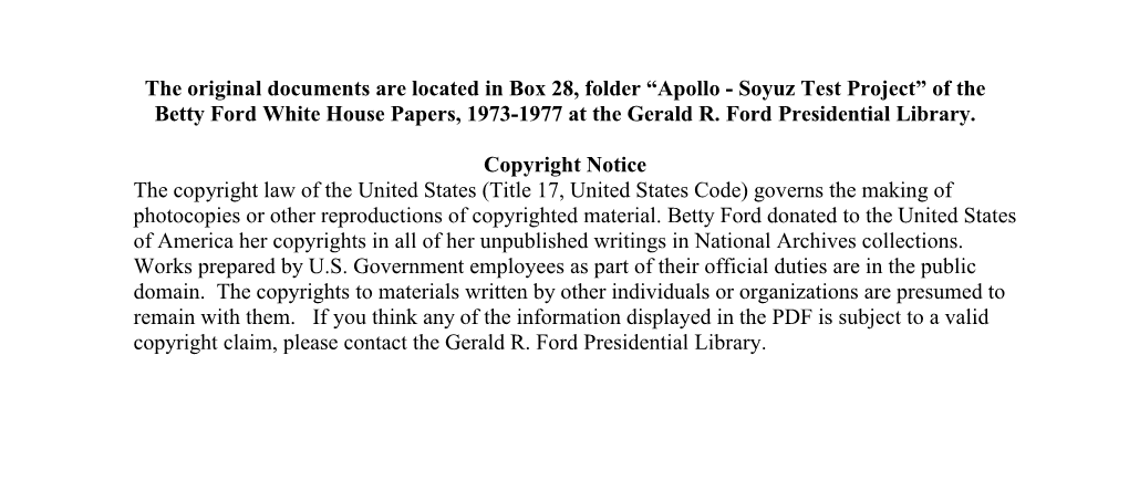 Apollo - Soyuz Test Project” of the Betty Ford White House Papers, 1973-1977 at the Gerald R