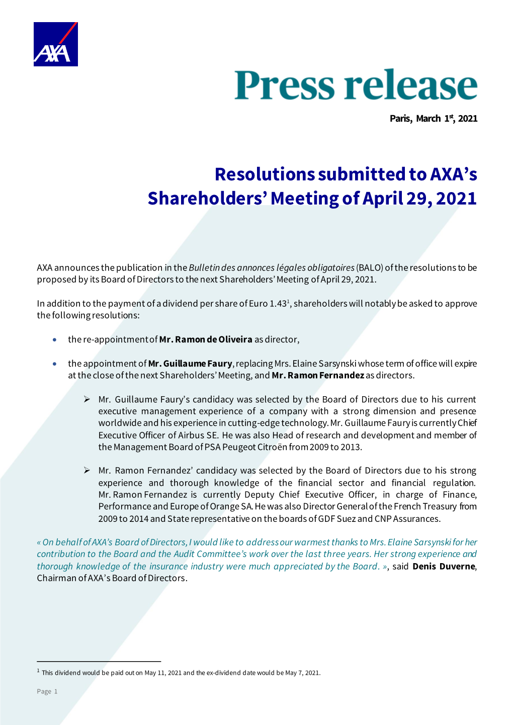 Resolutions Submitted to AXA's Shareholders' Meeting of April 29