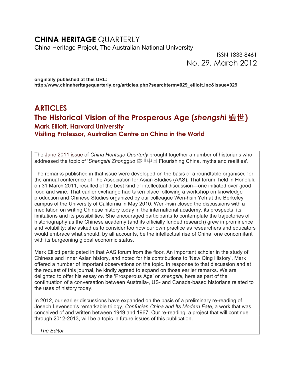 CHINA HERITAGE QUARTERLY China Heritage Project, the Australian National University ISSN 1833-8461 No