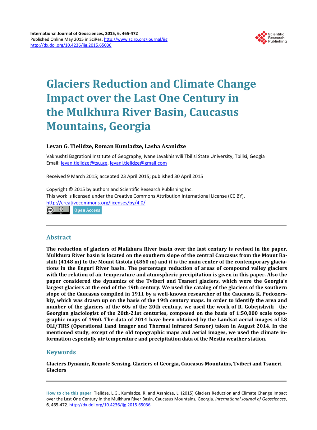 Glaciers Reduction and Climate Change Impact Over the Last One Century in the Mulkhura River Basin, Caucasus Mountains, Georgia