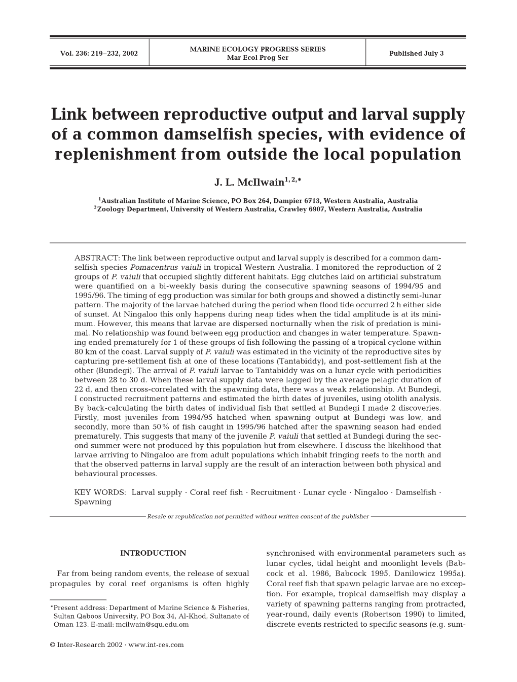 Link Between Reproductive Output and Larval Supply of a Common Damselfish Species, with Evidence of Replenishment from Outside the Local Population