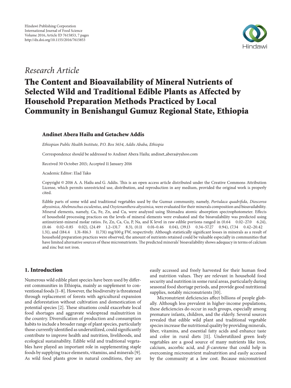 The Content and Bioavailability of Mineral Nutrients of Selected Wild and Traditional Edible Plants As Affected by Household Preparation Methods Practiced by Local Community In