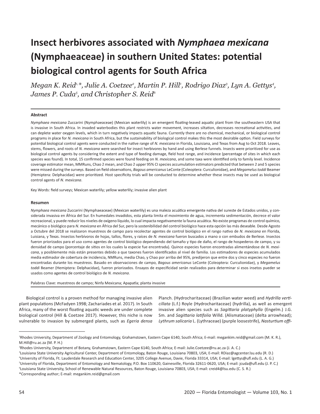 Insect Herbivores Associated with Nymphaea Mexicana (Nymphaeaceae) in Southern United States: Potential Biological Control Agents for South Africa