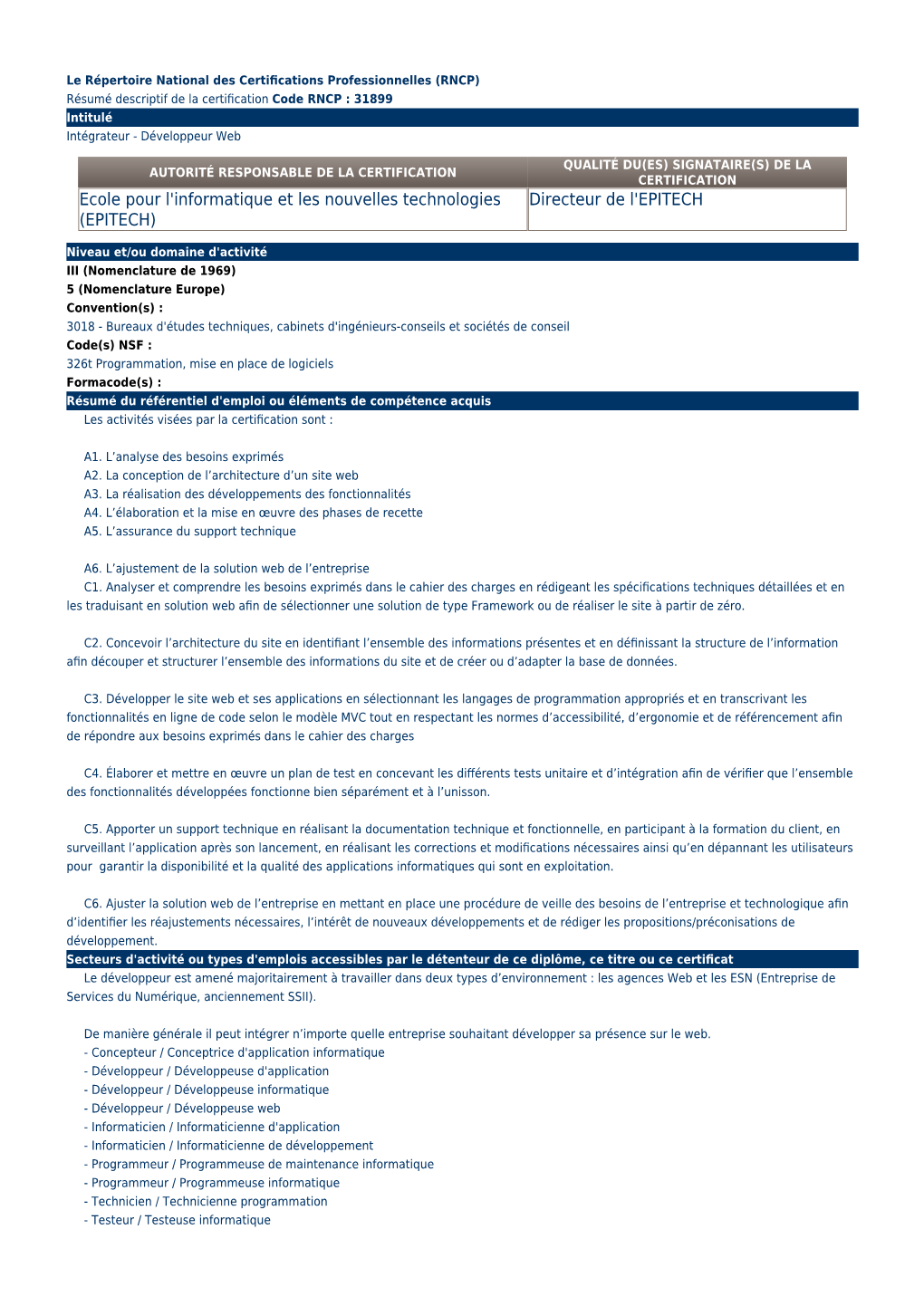RNCP) (Résumé Descriptif De La Certification