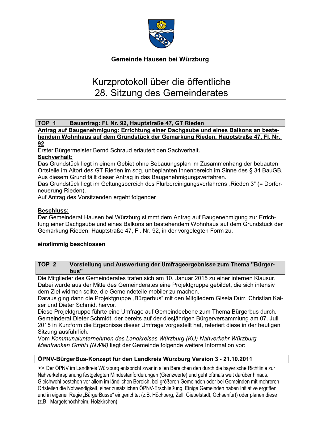 Kurzprotokoll Über Die Öffentliche 28