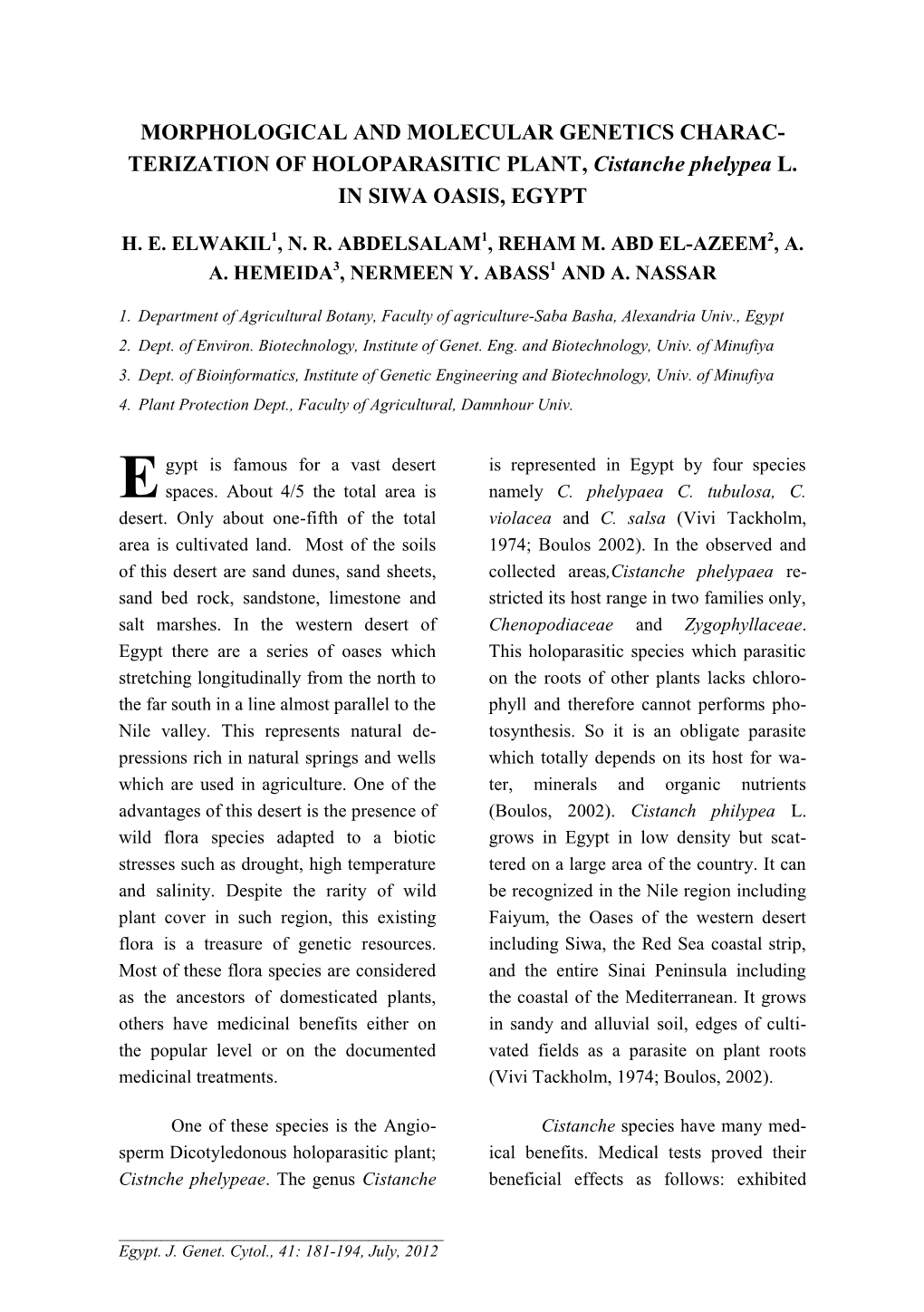 TERIZATION of HOLOPARASITIC PLANT, Cistanche Phelypea L. in SIWA OASIS, EGYPT