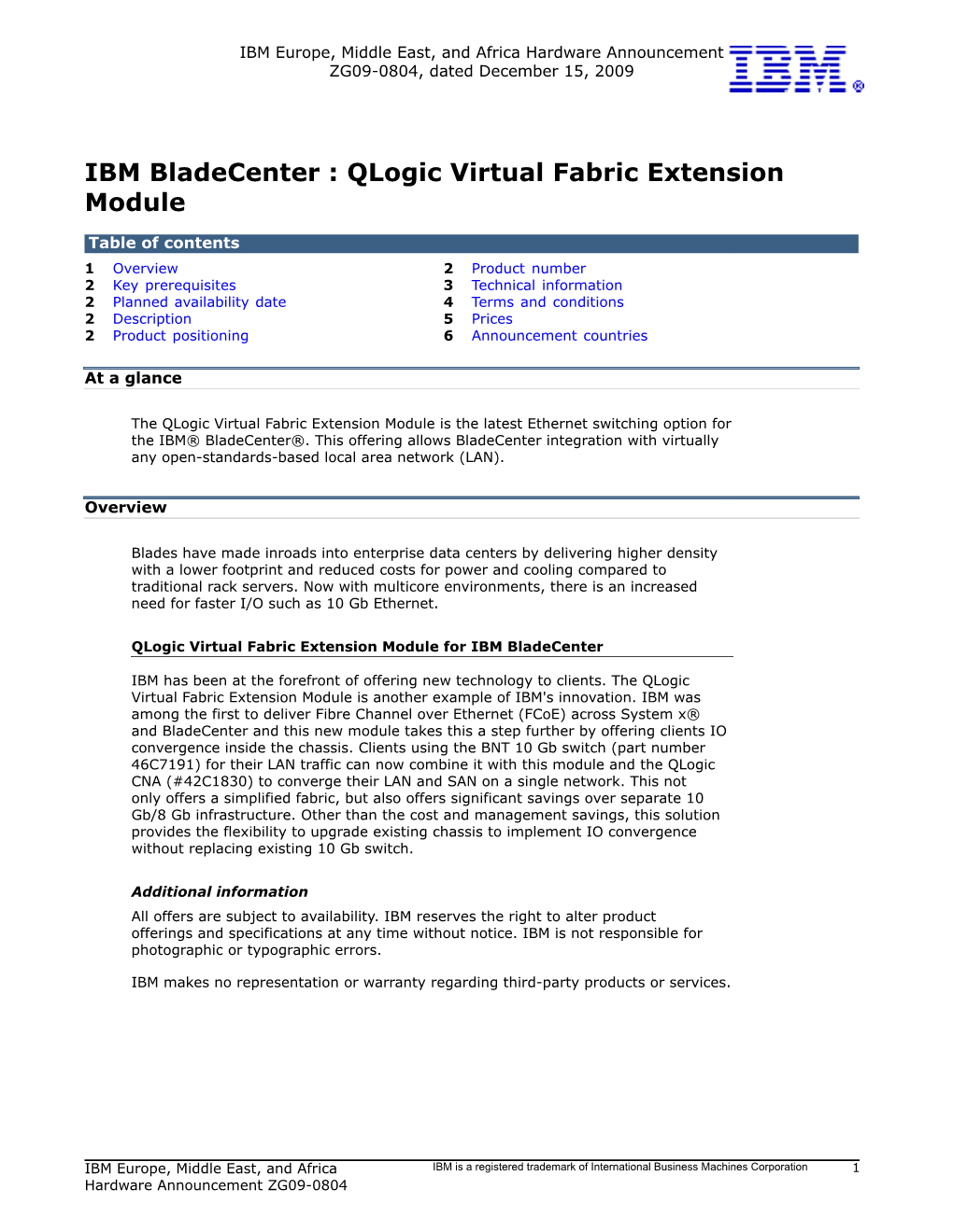 IBM Bladecenter : Qlogic Virtual Fabric Extension Module