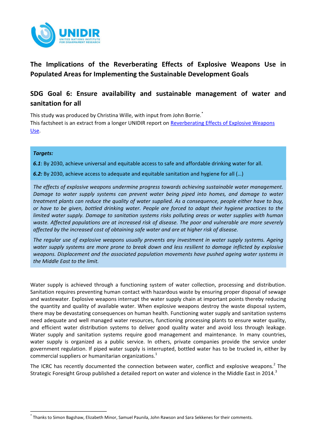 The Implications of the Reverberating Effects of Explosive Weapons Use in Populated Areas for Implementing the Sustainable Development Goals