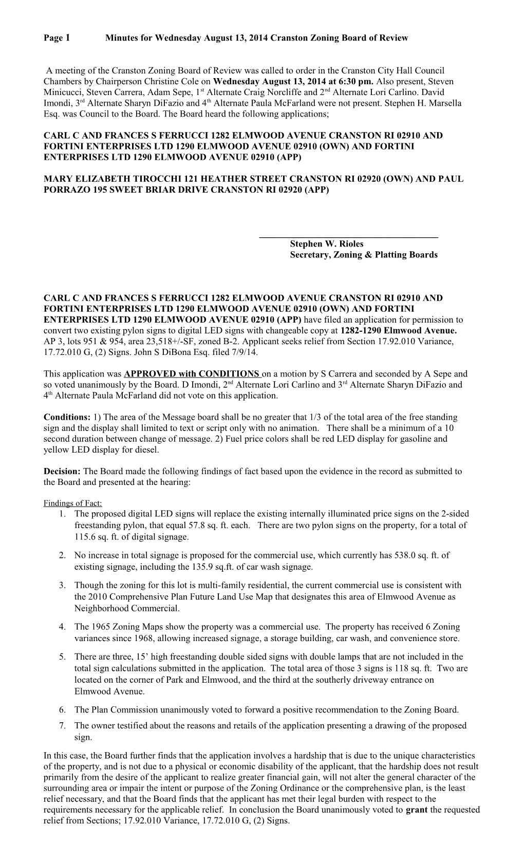 Page 2 Minutes for Wednesday August 13, 2014 Cranston Zoning Board of Review