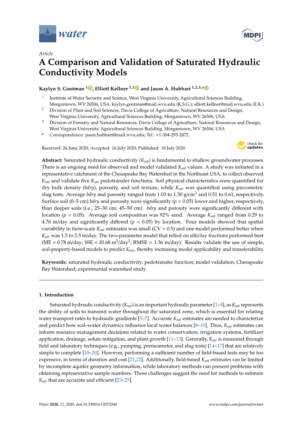 A Comparison and Validation of Saturated Hydraulic Conductivity Models