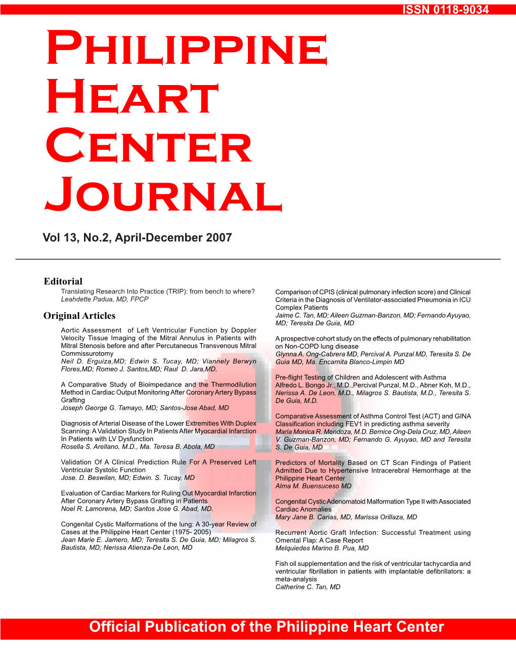 Philippine Heart Center Journal Vol 13, No.2, April-December 2007
