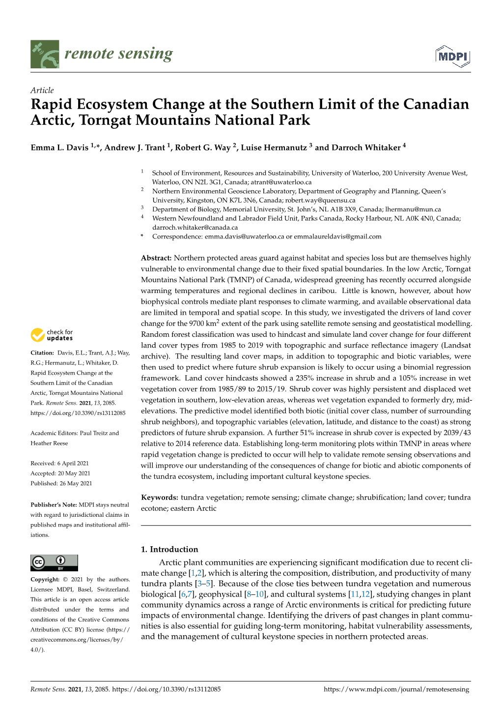 Rapid Ecosystem Change at the Southern Limit of the Canadian Arctic, Torngat Mountains National Park