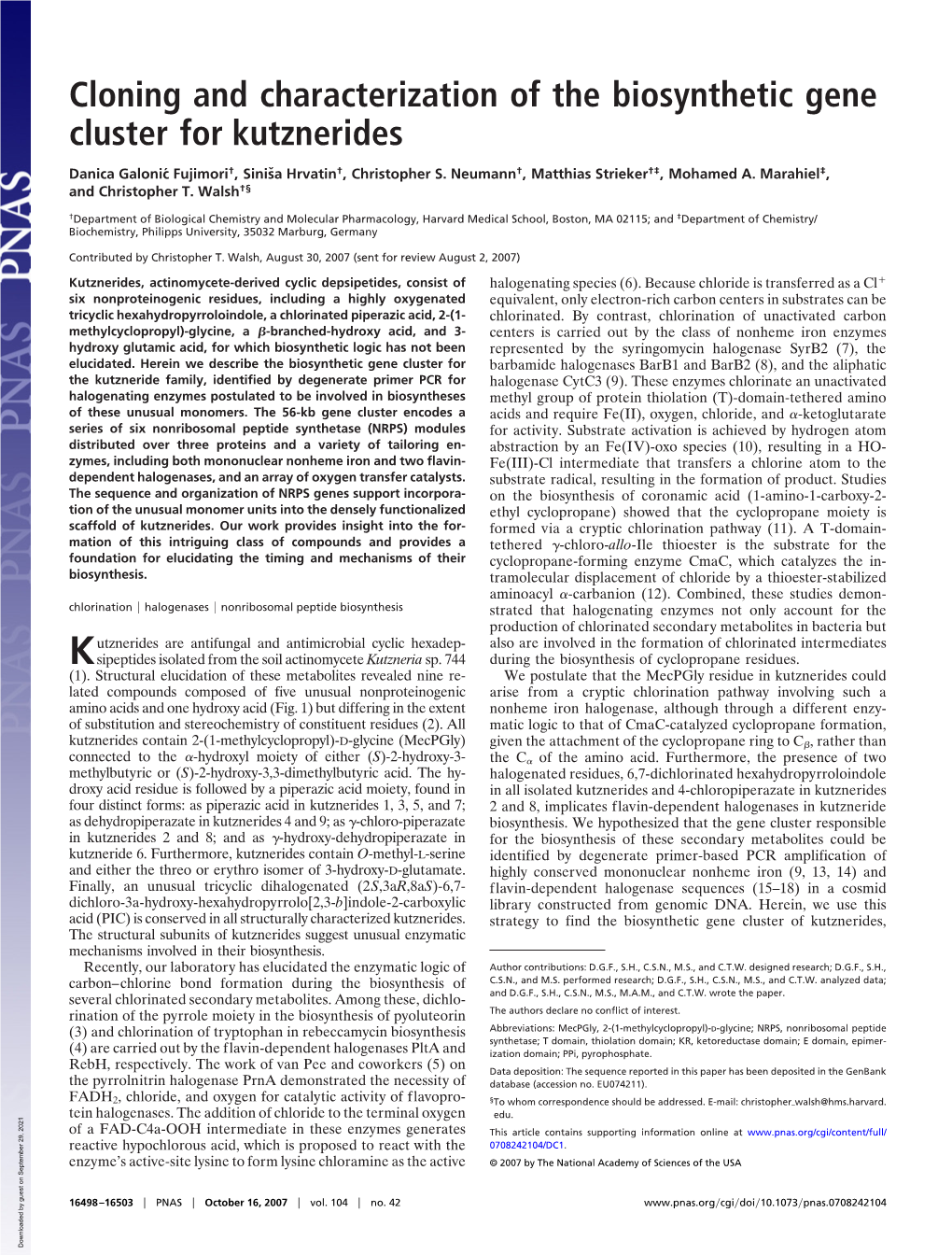 Cloning and Characterization of the Biosynthetic Gene Cluster for Kutznerides