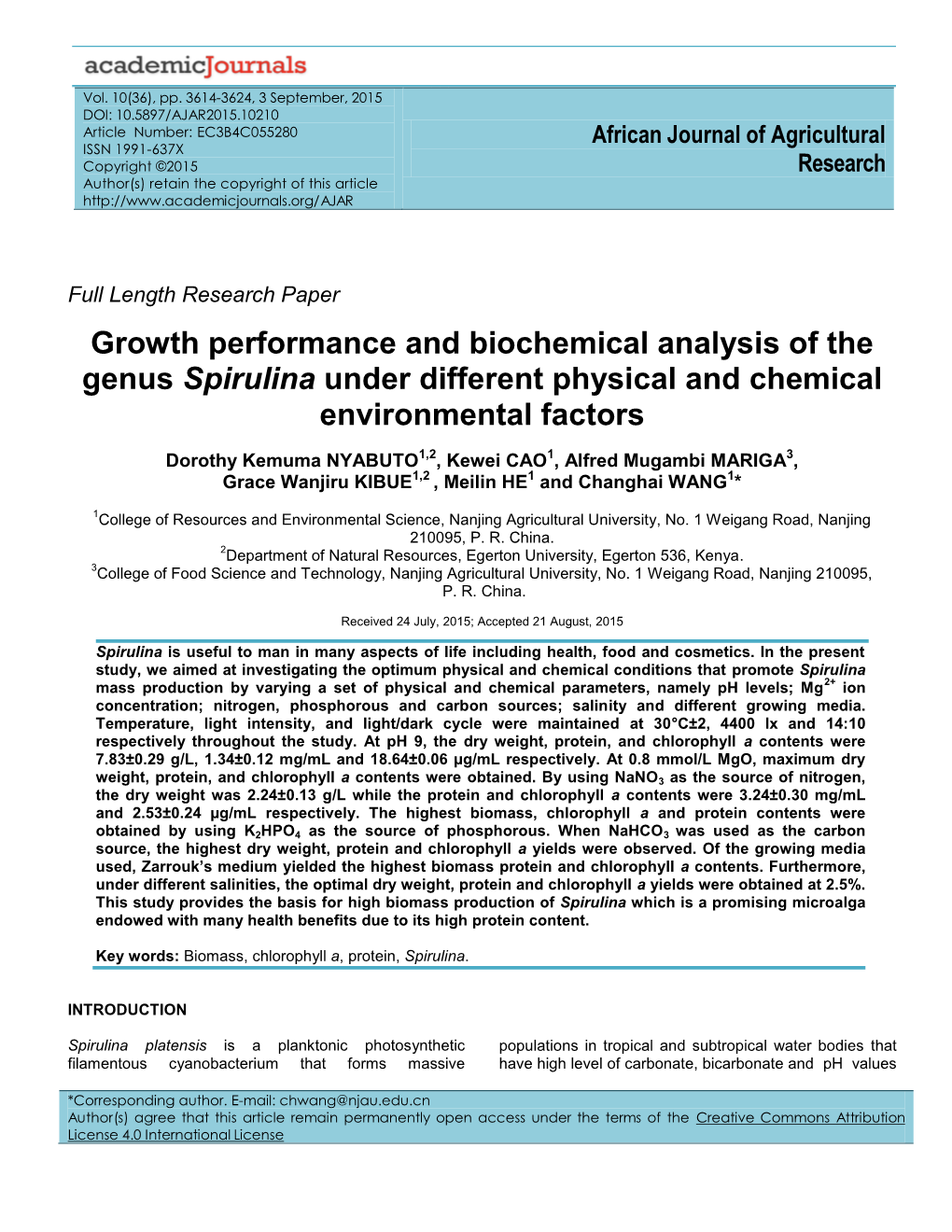 Growth Performance and Biochemical Analysis of the Genus Spirulina Under Different Physical and Chemical Environmental Factors
