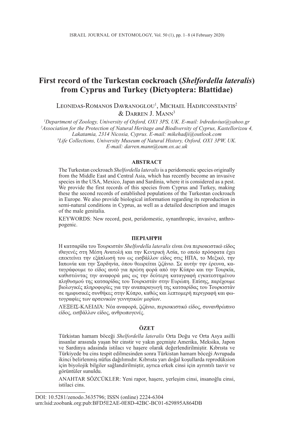 Turkestan Cockroach (Shelfordella Lateralis) from Cyprus and Turkey (Dictyoptera: Blattidae)