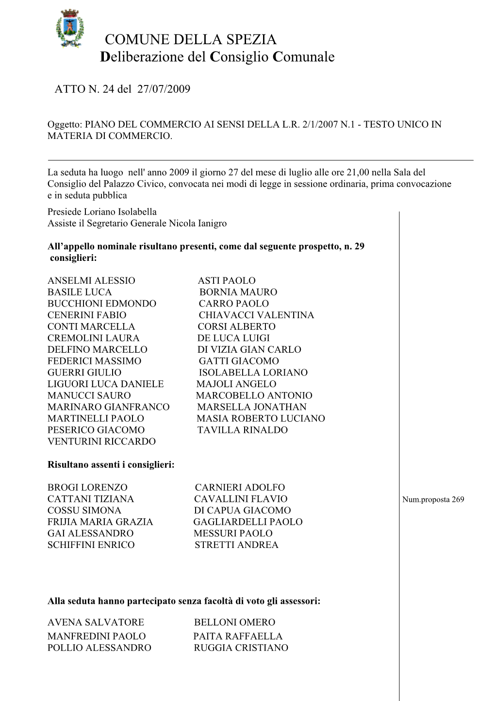 COMUNE DELLA SPEZIA Deliberazione Del Consiglio Comunale