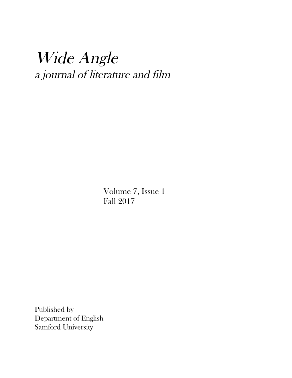 Wide Angle a Journal of Literature and Film