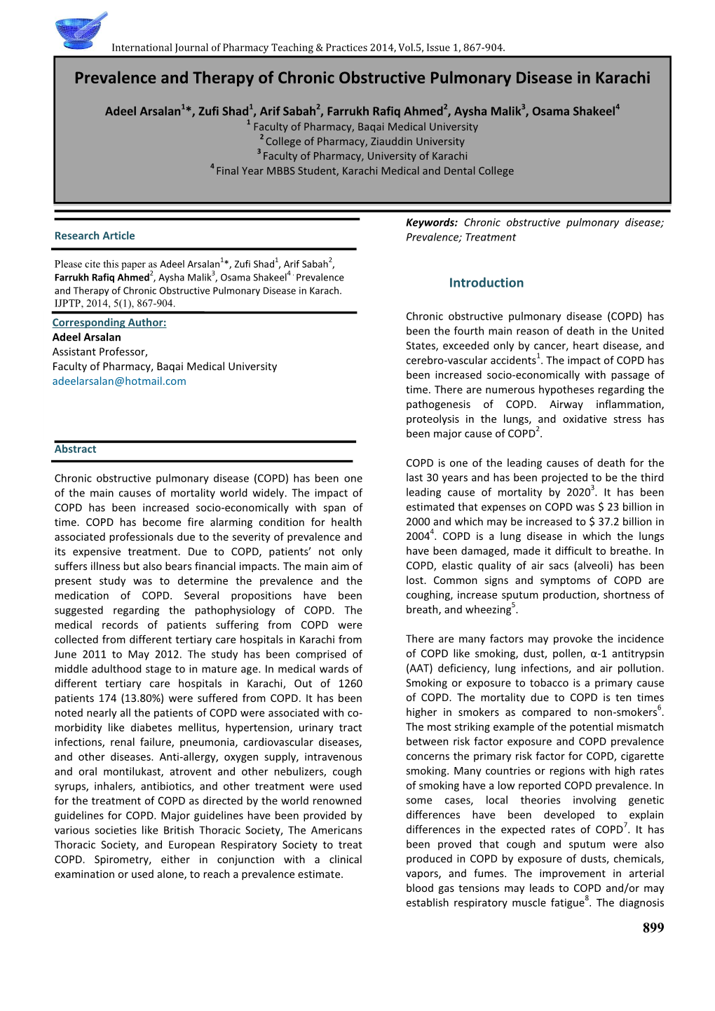 Prevalence and Therapy of Chronic Obstructive Pulmonary Disease in Karachi