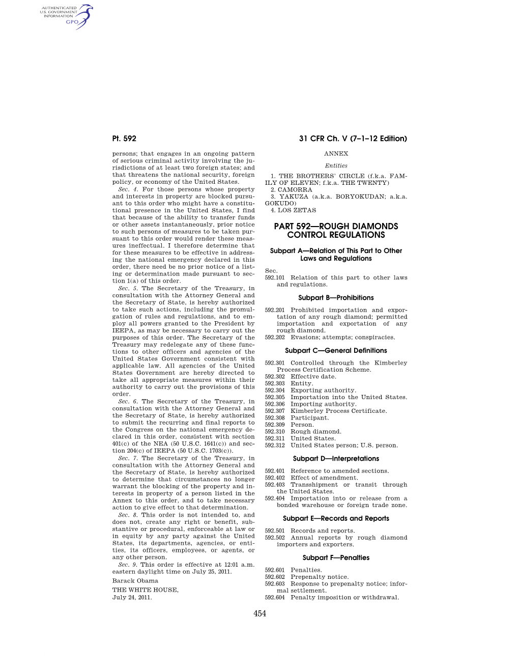 454 Part 592—Rough Diamonds Control Regulations