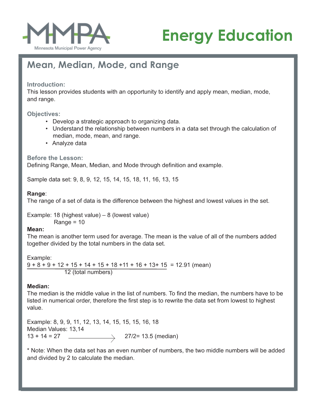 Mean, Median, Mode and Range (PDF)