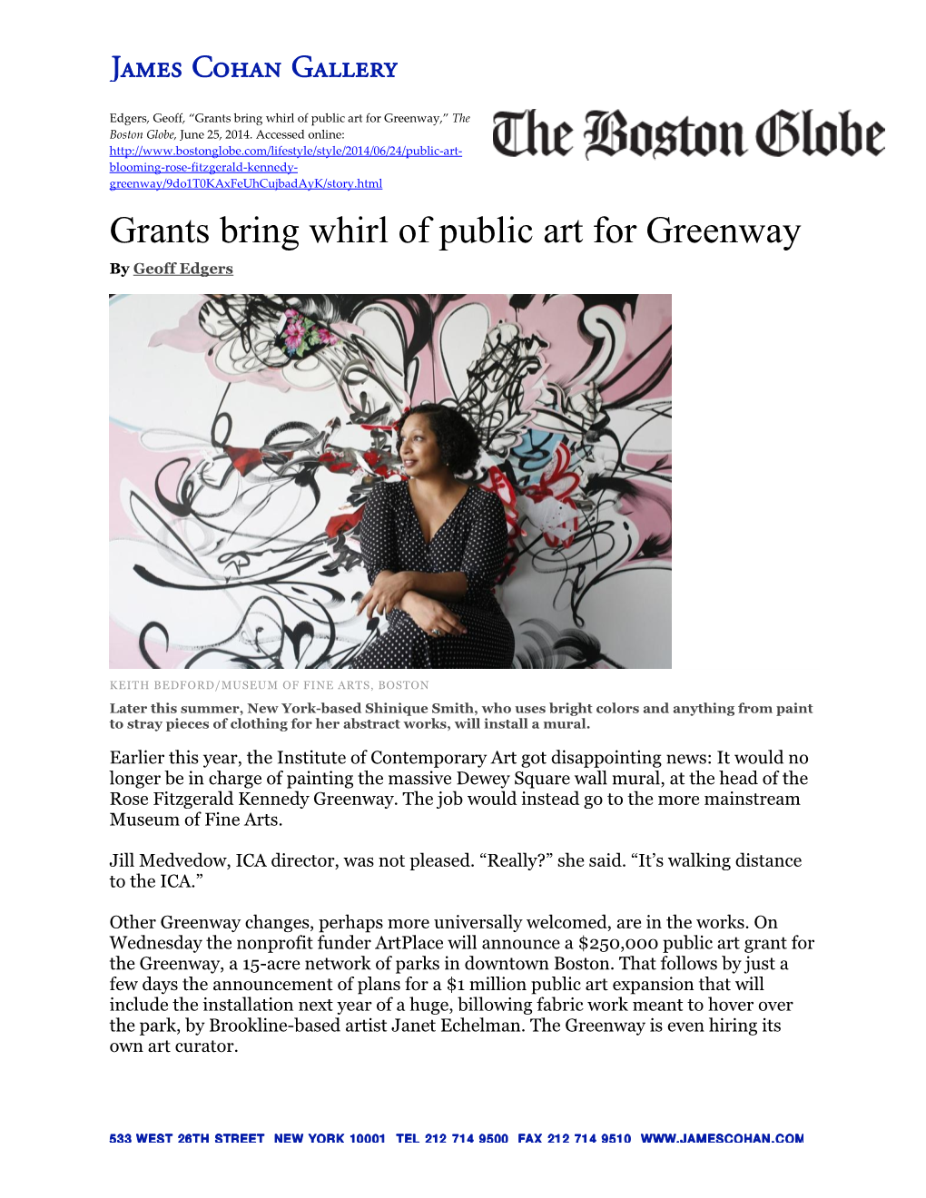 Grants Bring Whirl of Public Art for Greenway,” the Boston Globe, June 25, 2014