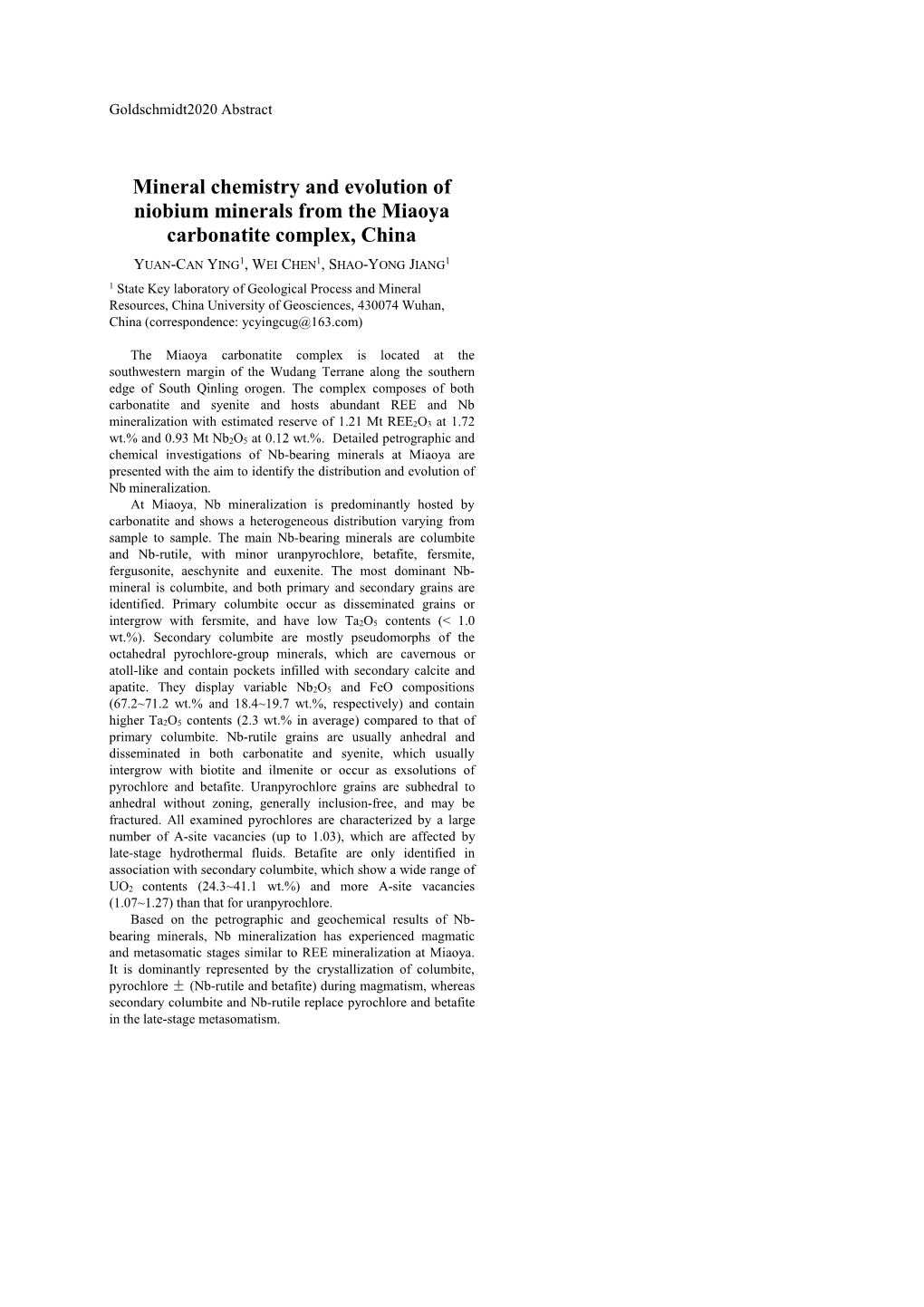 Mineral Chemistry and Evolution of Niobium Minerals from the Miaoya Carbonatite Complex, China