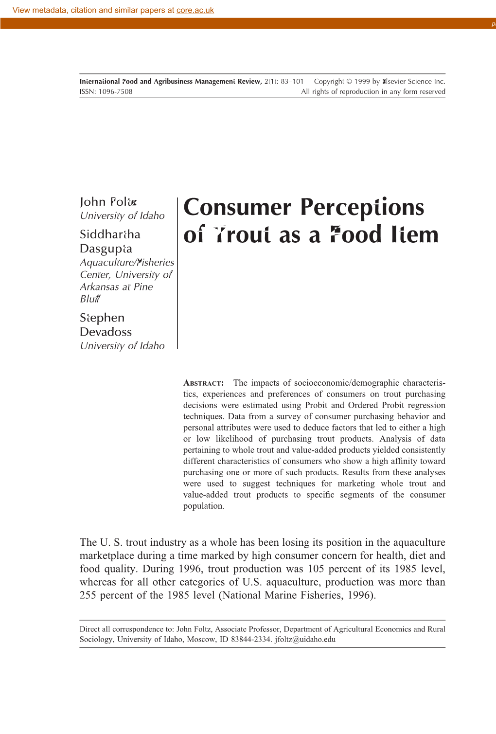 Consumer Perceptions of Trout As a Food Item