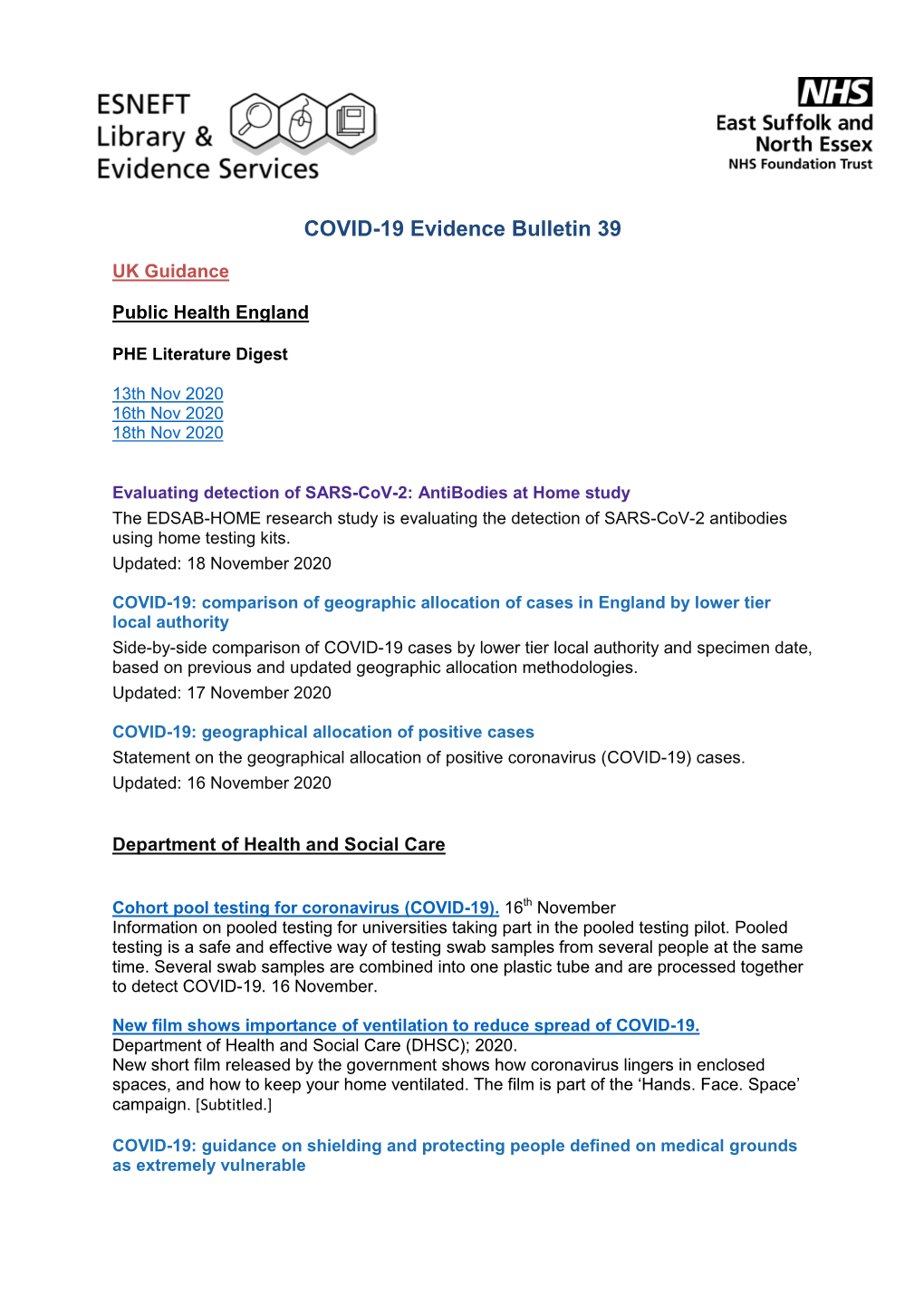 COVID-19 Evidence Bulletin 39