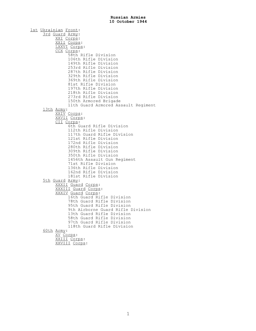 Russian Armies, 10 October 1944