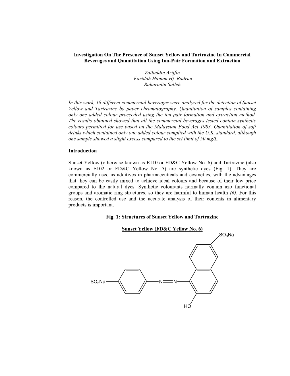 Investigation on the Presence of Sunset Yellow and Tartrazine in Commercial Beverages and Quantitation Using Ion-Pair Formation and Extraction