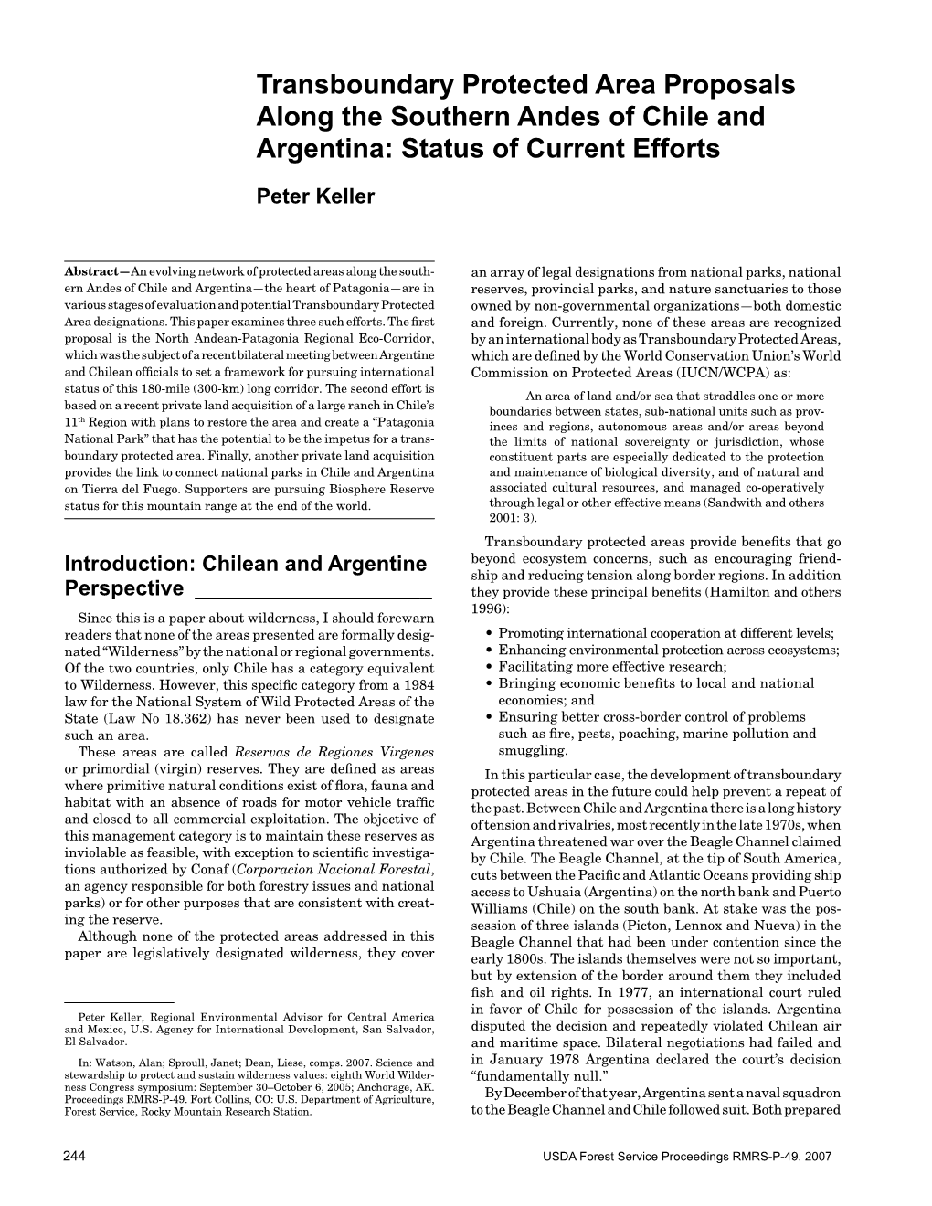 Transboundary Protected Area Proposals Along the Southern Andes of Chile and Argentina: Status of Current Efforts