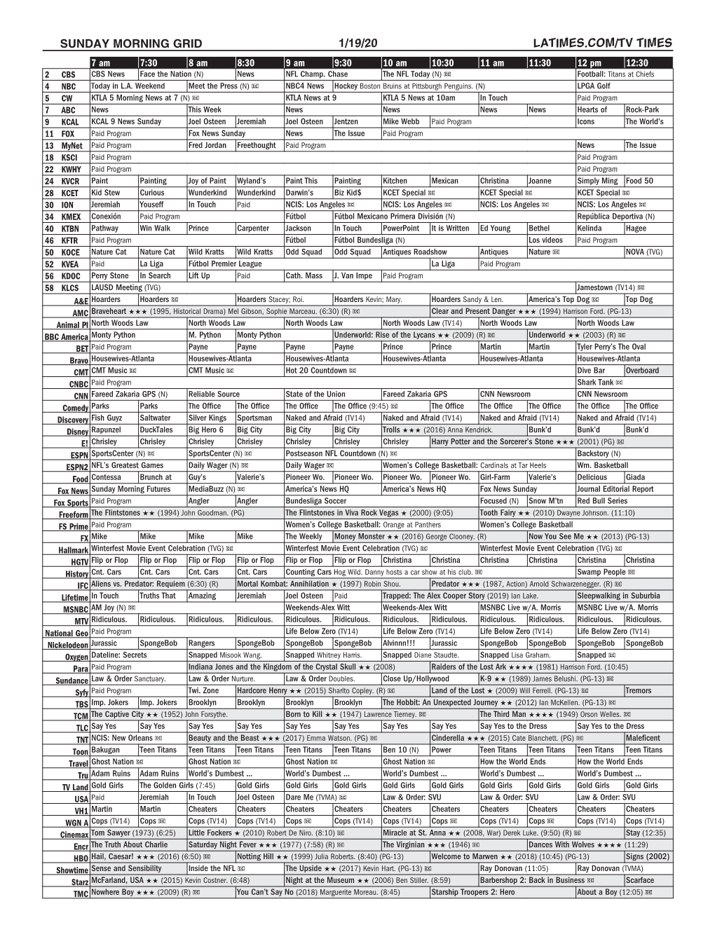 SUNDAY MORNING GRID 1/19/20 LATIMES.COM/TV TIMES 7 Am 7:30 8 Am 8:30 9 Am 9:30 10 Am 10:30 11 Am 11:30 12 Pm 12:30 2 CBS CBS News Face the Nation (N) News NFL Champ