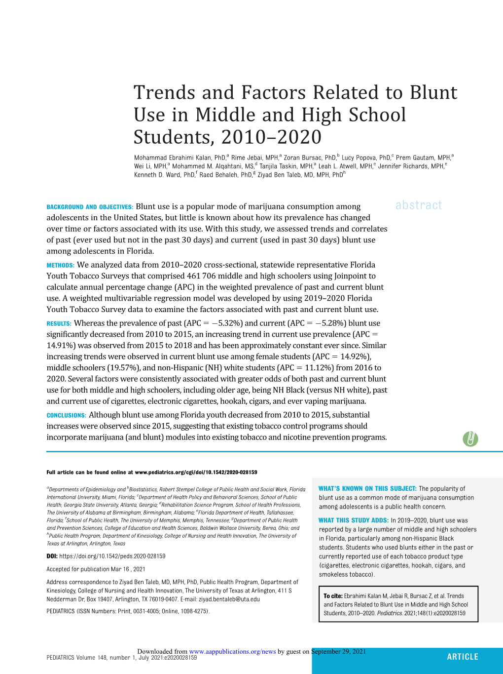 Trends and Factors Related to Blunt Use in Middle and High School
