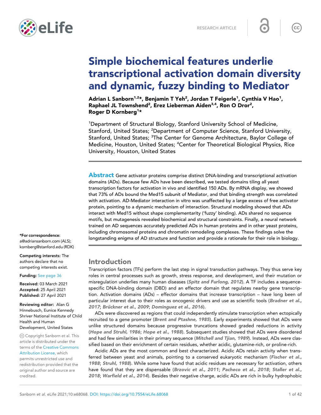 Simple Biochemical Features Underlie Transcriptional Activation Domain Diversity and Dynamic, Fuzzy Binding to Mediator