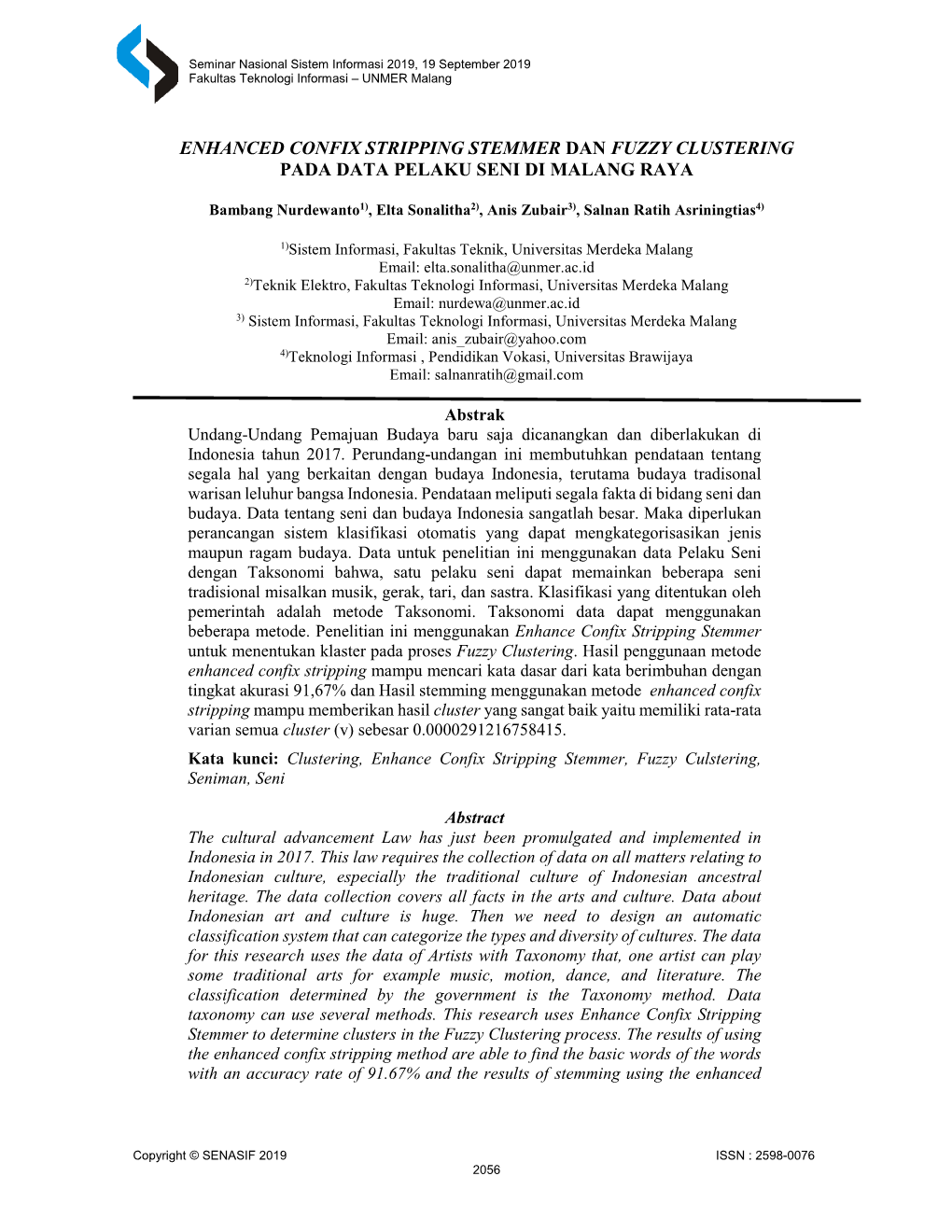 Enhanced Confix Stripping Stemmer Dan Fuzzy Clustering Pada Data Pelaku Seni Di Malang Raya