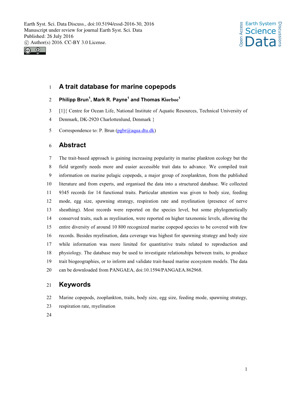 A Trait Database for Marine Copepods