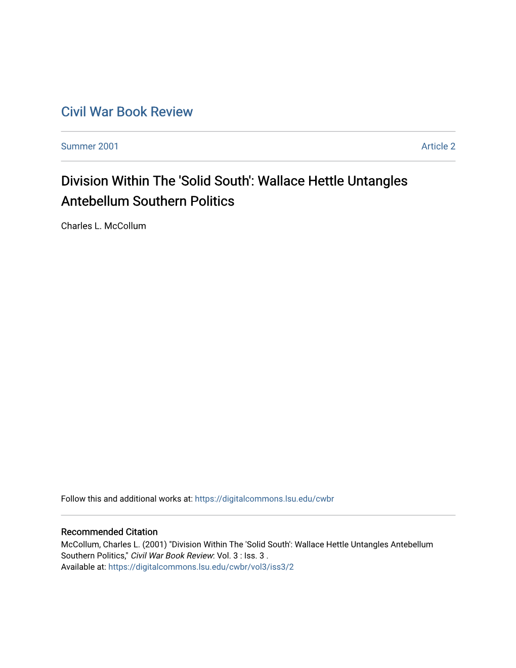 Wallace Hettle Untangles Antebellum Southern Politics