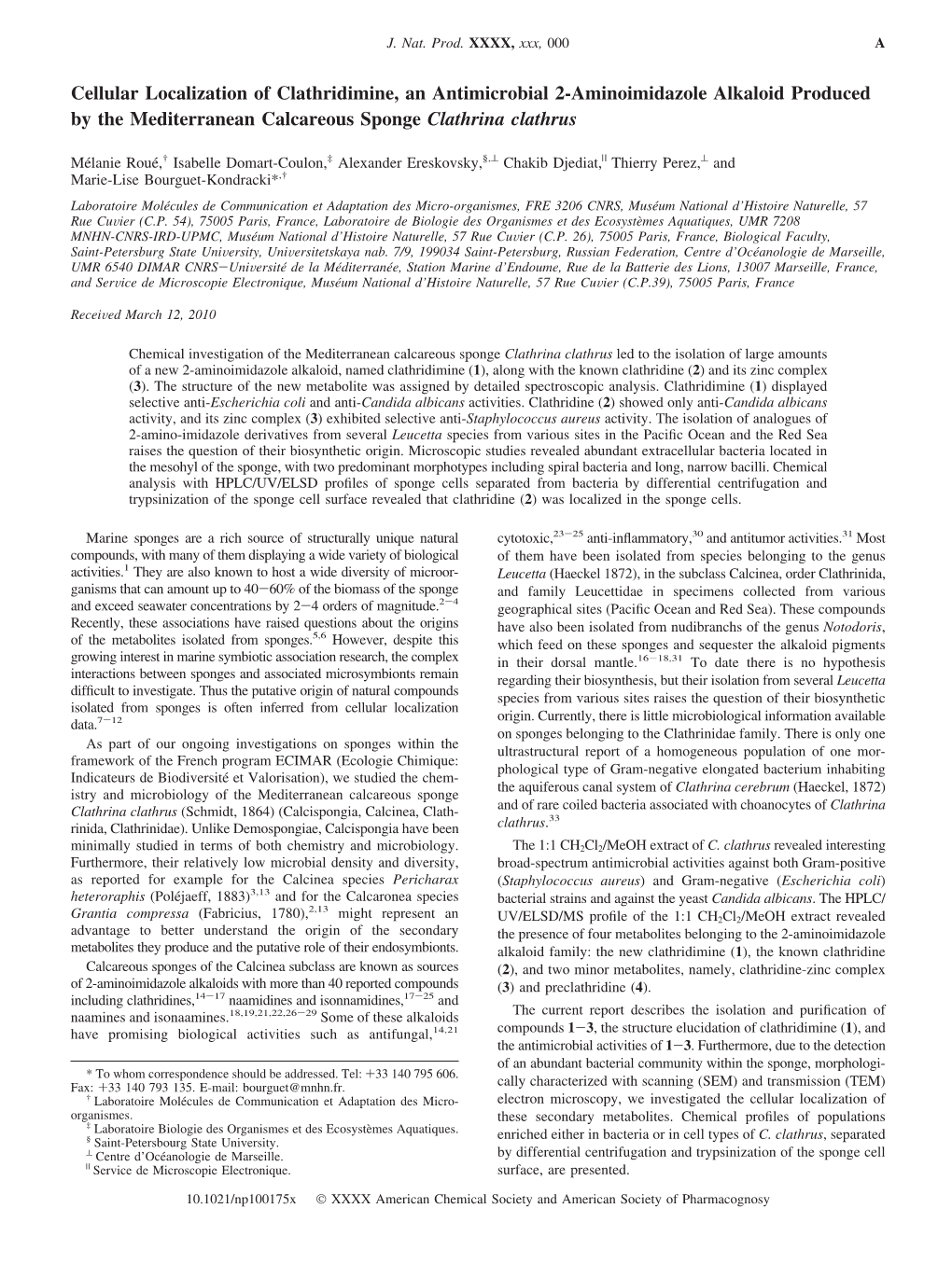 Cellular Localization of Clathridimine, an Antimicrobial 2-Aminoimidazole Alkaloid Produced by the Mediterranean Calcareous Sponge Clathrina Clathrus