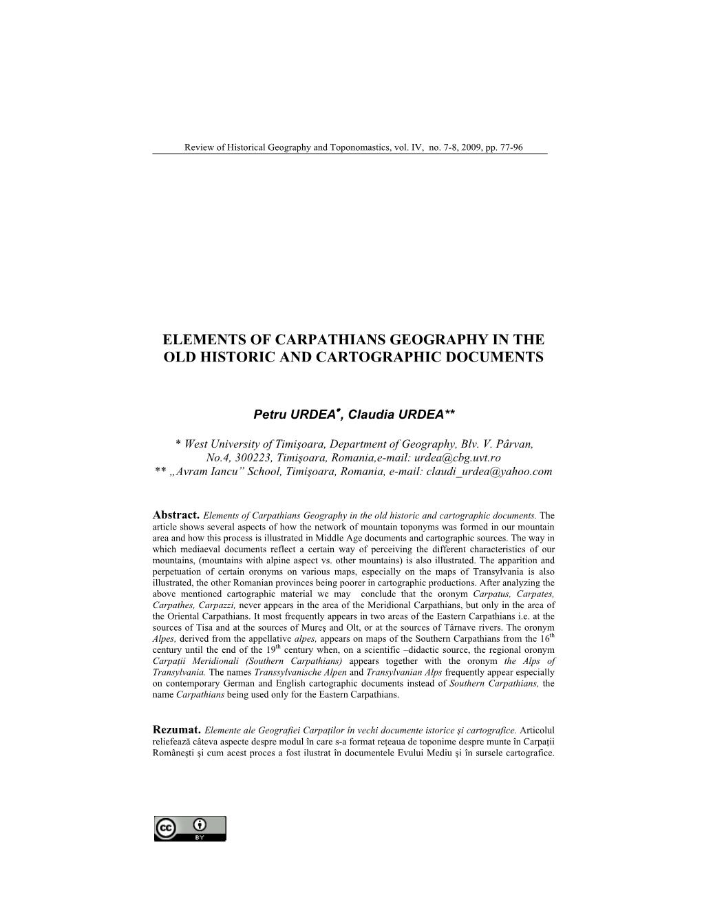 Elements of Carpathians Geography in the Old Historic and Cartographic Documents