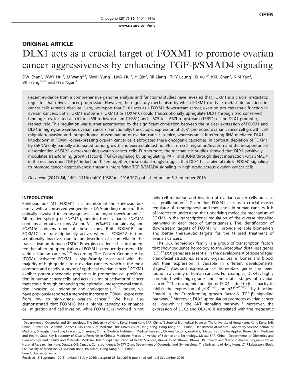 DLX1 Acts As a Crucial Target of FOXM1 to Promote Ovarian Cancer Aggressiveness by Enhancing TGF-Β/SMAD4 Signaling