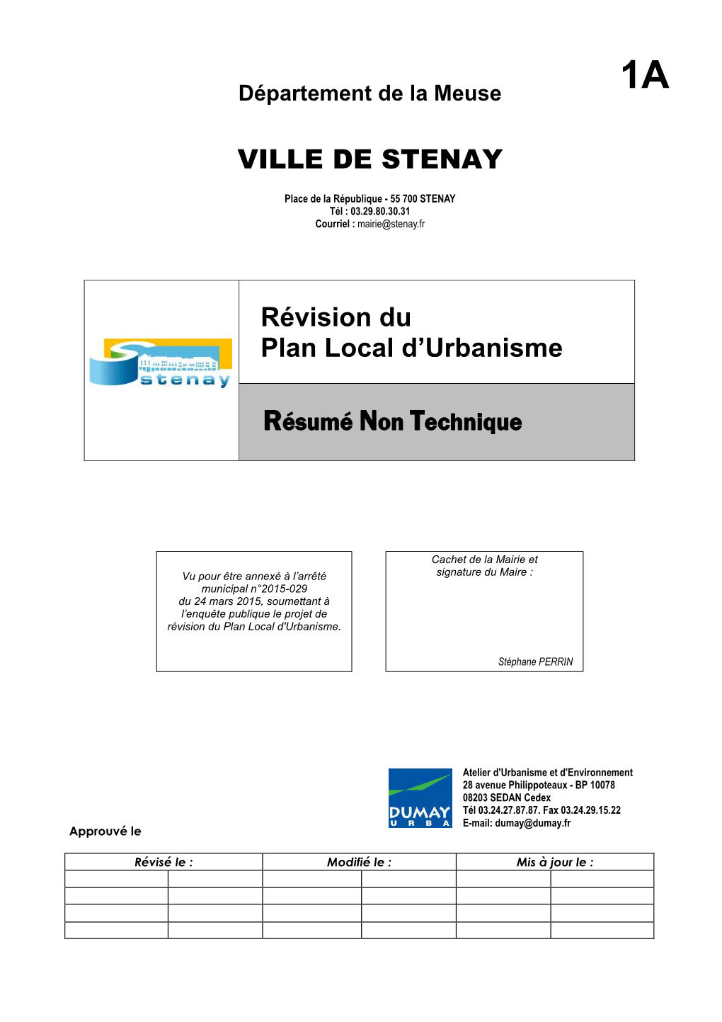 VILLE DE STENAY Révision Du Plan Local D'urbanisme