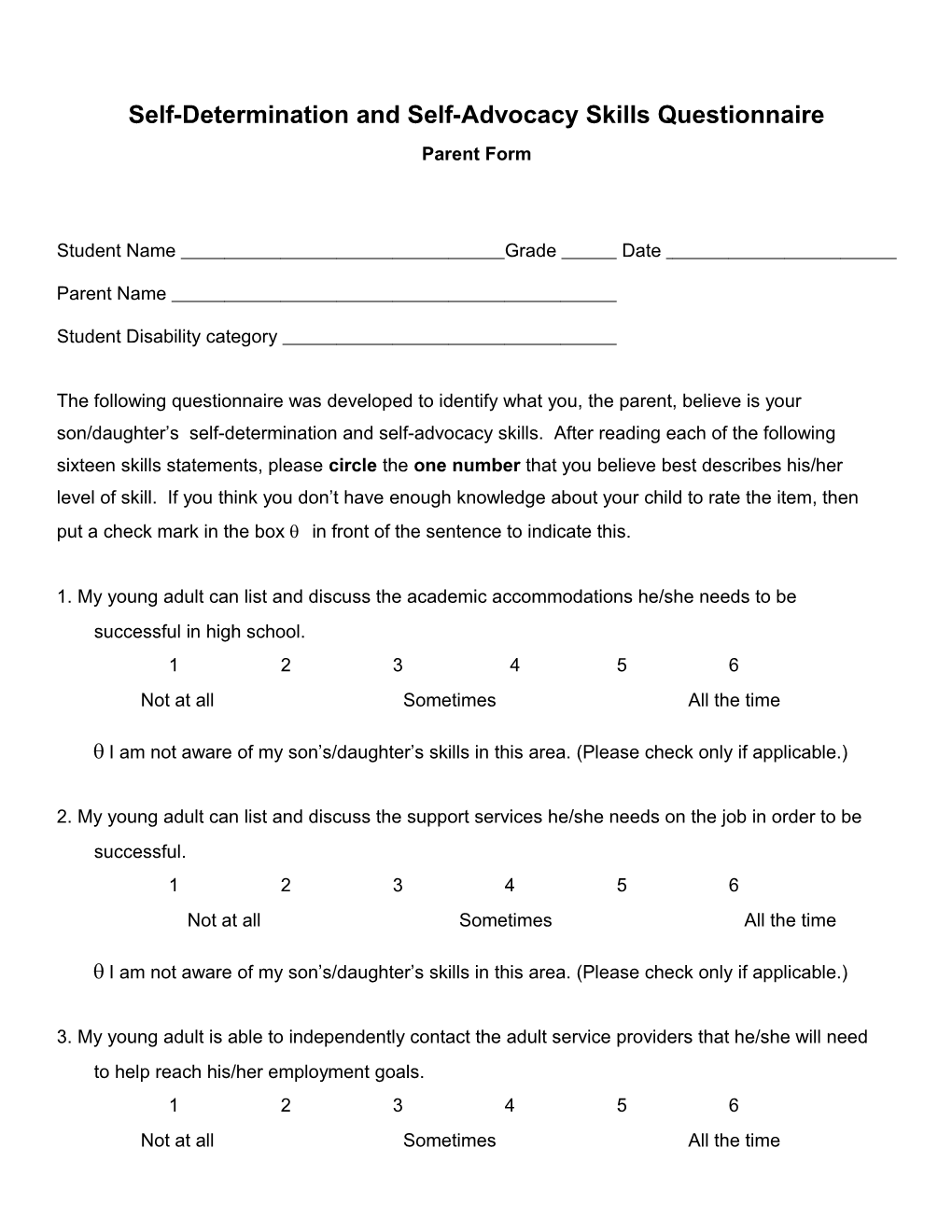 Self-Determination and Self-Advocacy Skills Questionnaire