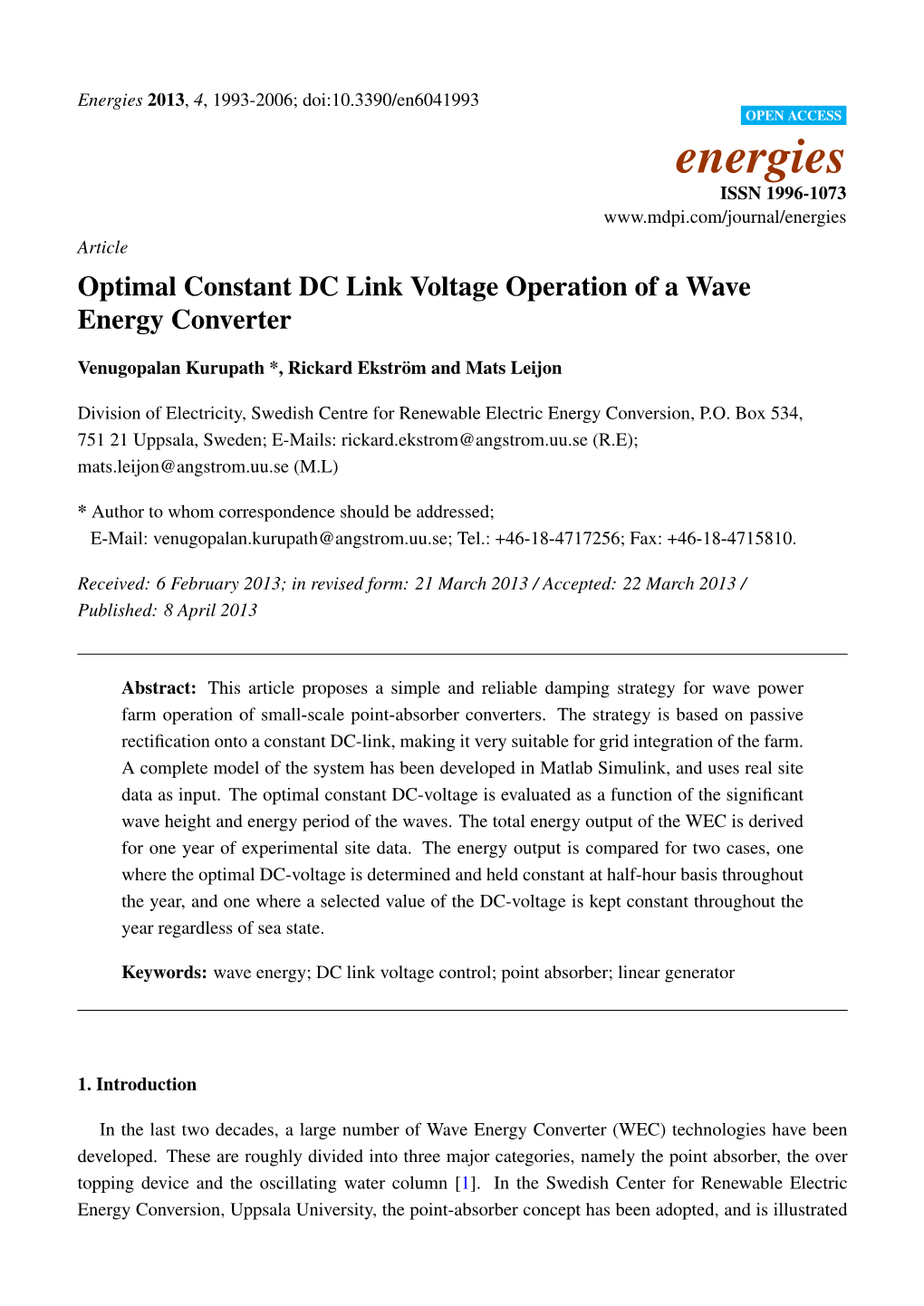 Optimal Constant DC Link Voltage Operation of a Wave Energy Converter