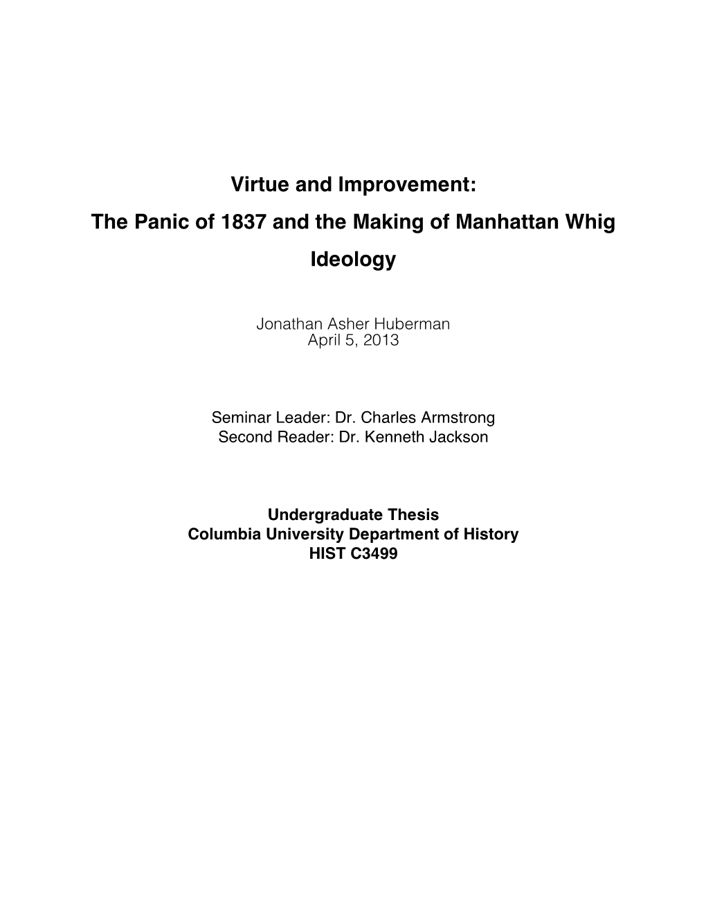 The Panic of 1837 and the Making of Manhattan Whig Ideology