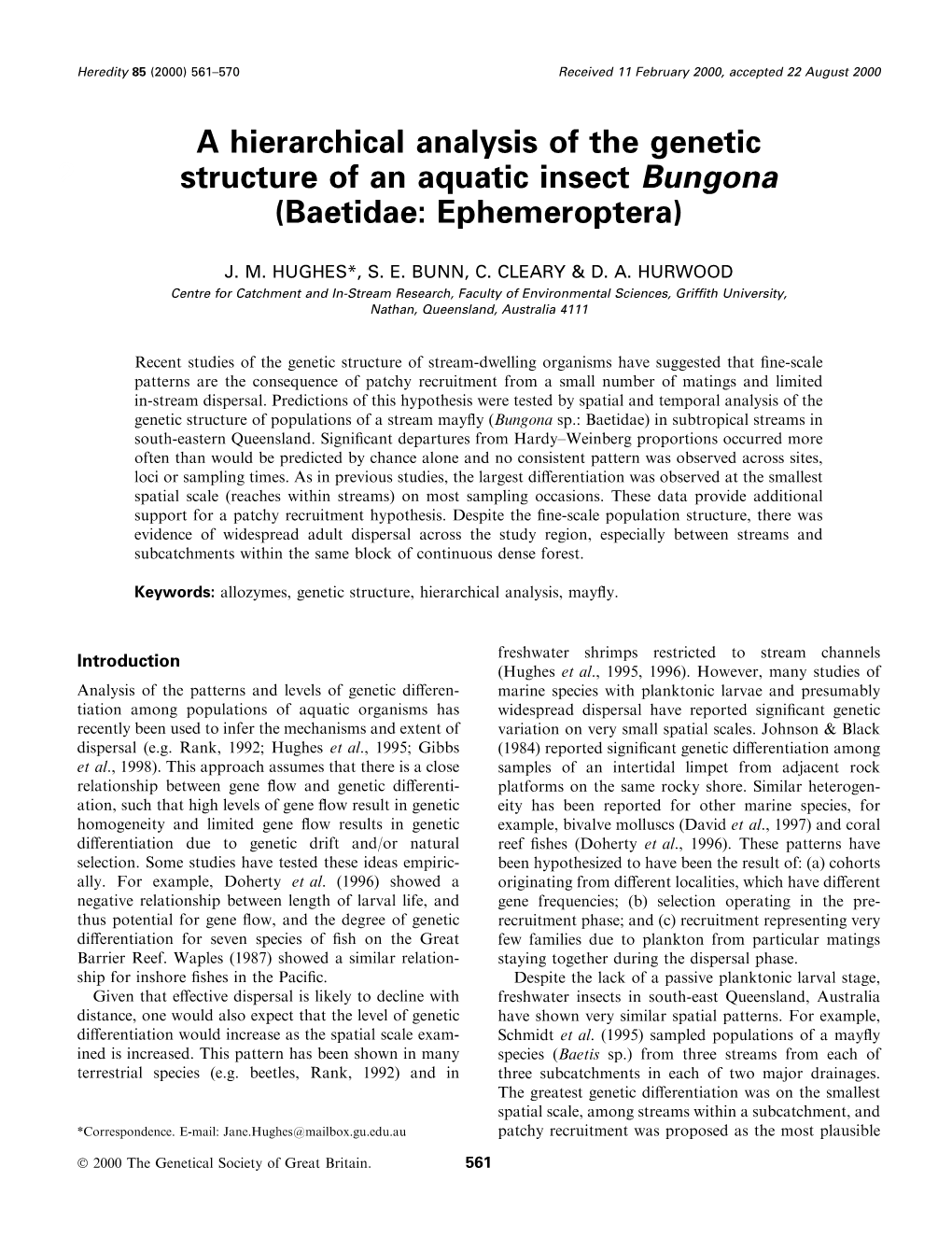 A Hierarchical Analysis of the Genetic Structure of an Aquatic Insect 2 Bungona