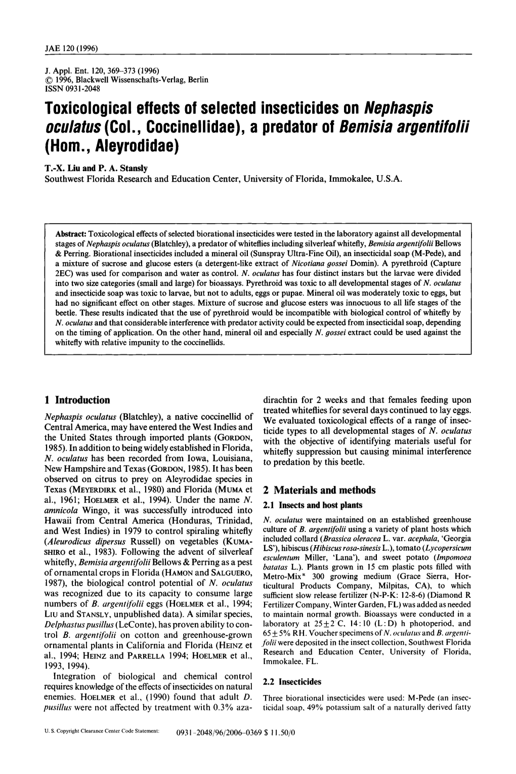 Toxicological Effects of Selected Insecticides on Nephaspis Oculatus