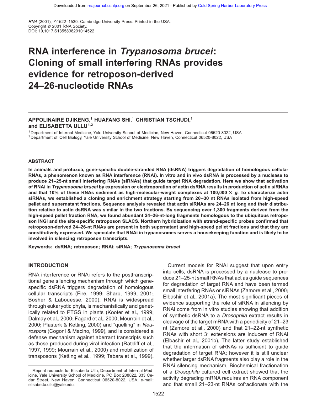 RNA Interference in Trypanosoma Brucei: Cloning of Small Interfering Rnas Provides Evidence for Retroposon-Derived 24–26-Nucleotide Rnas