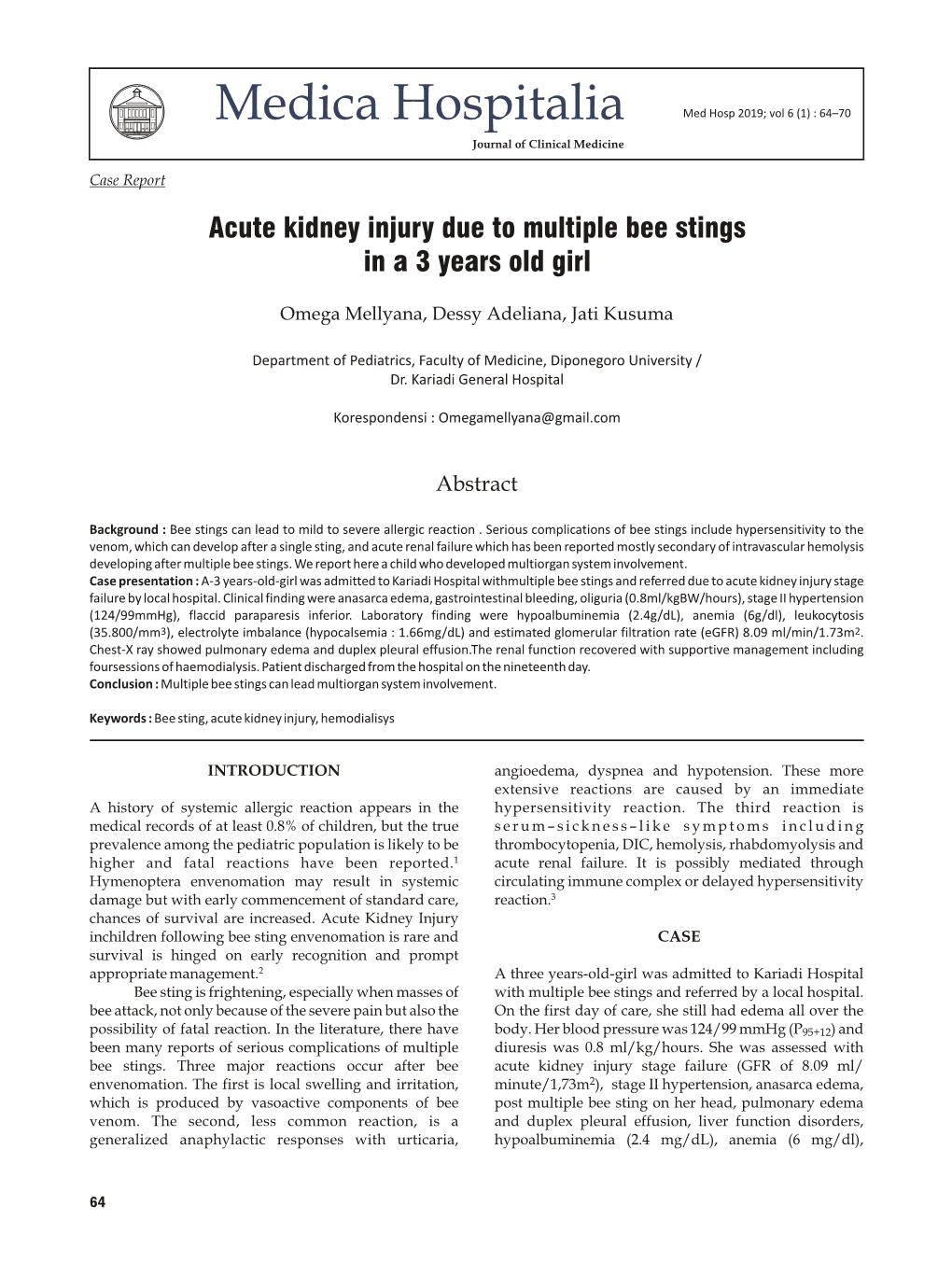 Acute Kidney Injury Due to Multiple Bee Stings in a 3 Years Old Girl