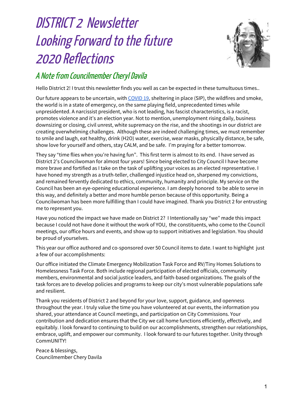 DISTRICT 2 Newsletter Looking Forward to the Future 2020 Reflections a Note from Councilmember Cheryl Davila